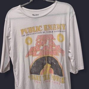 Recycled Karma Public Enemy Graphic Tee. White with Pink and Yellow Print